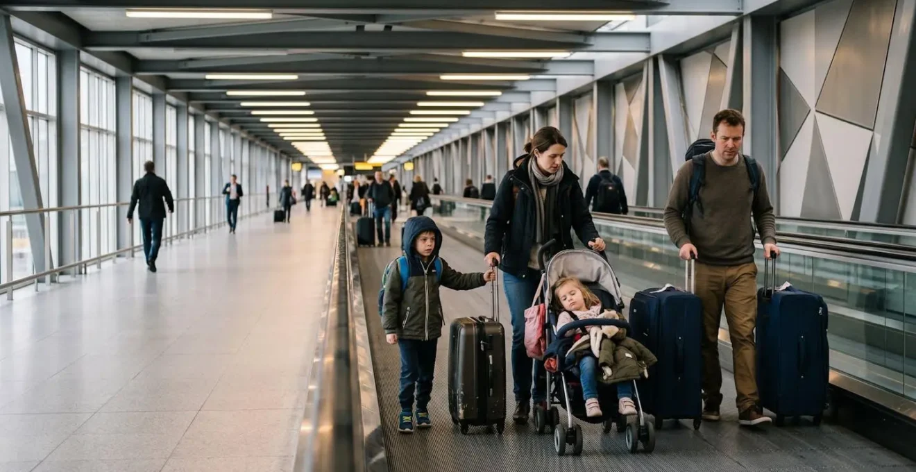 Family with luggage navigating long airport corridor with travelator at Stansted