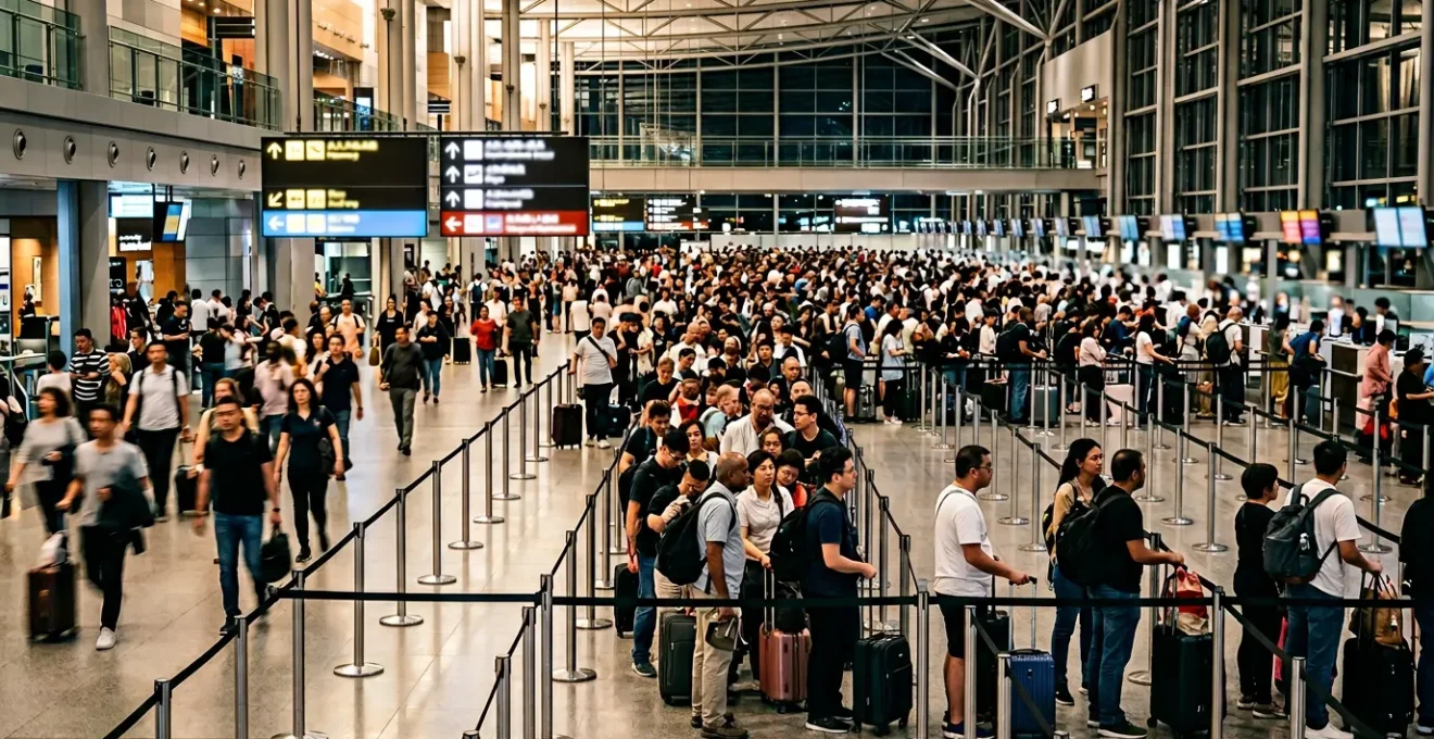 Busy airport customs hall at Gatwick with travelers waiting in queues during peak Sunday night hours