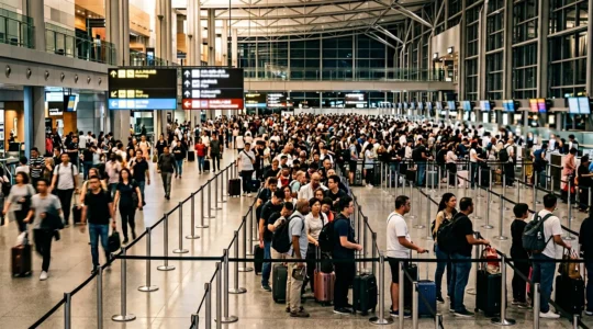 Busy airport customs hall at Gatwick with travelers waiting in queues during peak Sunday night hours