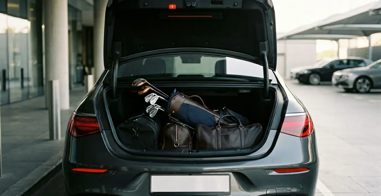 Professional golfer placing golf clubs in executive car trunk with luggage arrangement strategy