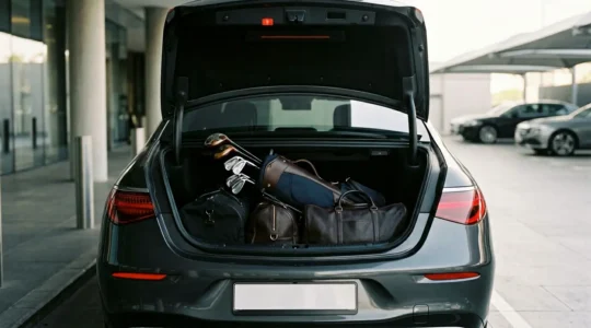 Professional golfer placing golf clubs in executive car trunk with luggage arrangement strategy