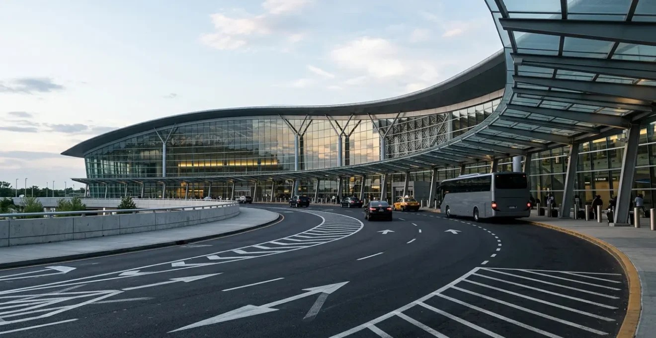 Wide angle view of airport terminal approach showing modern curved architecture with visible signage shapes and vehicle lanes