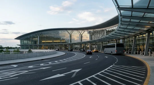 Wide angle view of airport terminal approach showing modern curved architecture with visible signage shapes and vehicle lanes