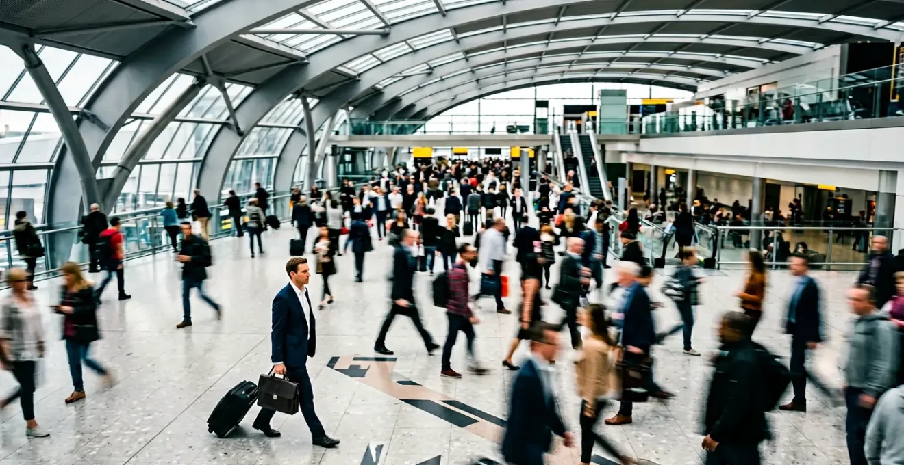 Professional traveler navigating through Heathrow arrivals hall with strategic confidence