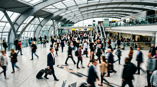Professional traveler navigating through Heathrow arrivals hall with strategic confidence