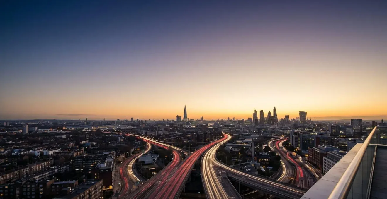 Wide shot of London cityscape at dawn with traffic flow patterns