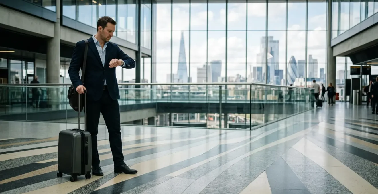 Business traveller with luggage checking time at busy London transport hub