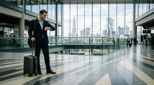 Business traveller with luggage checking time at busy London transport hub