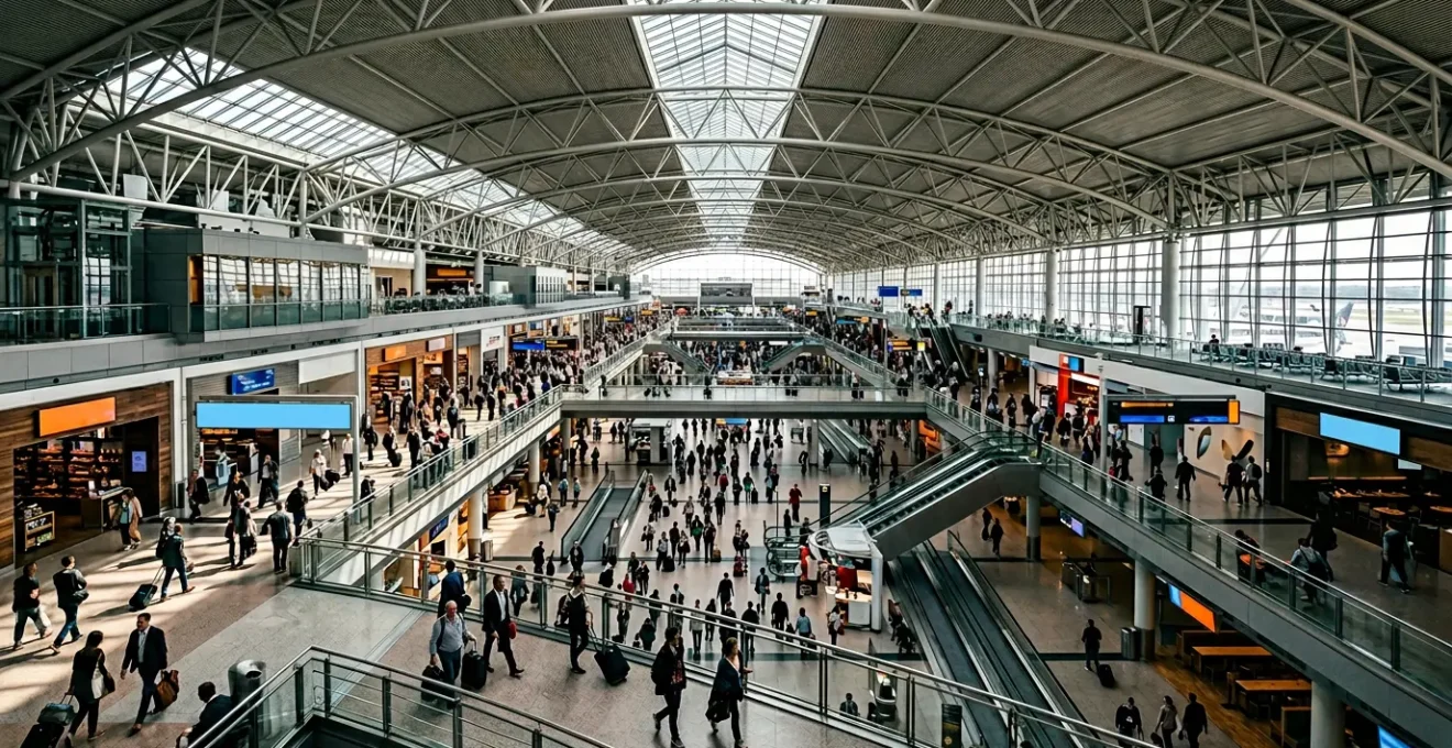 International travelers navigating through a complex airport terminal space