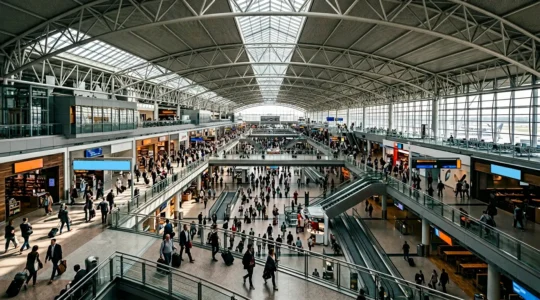 International travelers navigating through a complex airport terminal space
