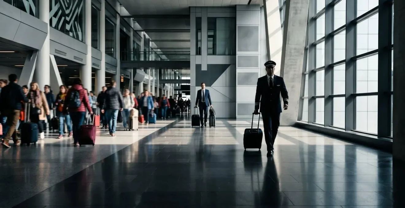 Airline crew member walking purposefully through less crowded terminal corridor
