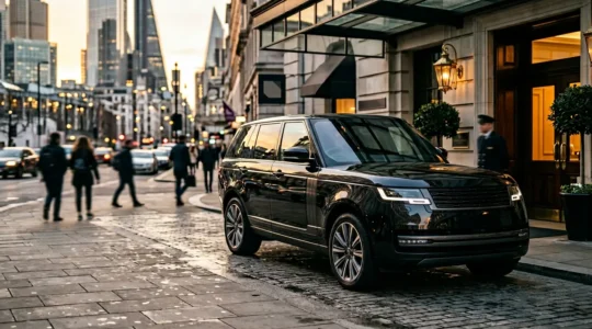 Luxury vehicle with privacy glass navigating through urban city centre
