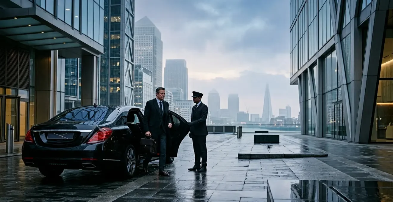 Executive stepping into luxury Mercedes S-Class with chauffeur holding door in London financial district