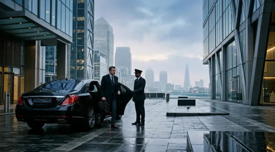 Executive stepping into luxury Mercedes S-Class with chauffeur holding door in London financial district