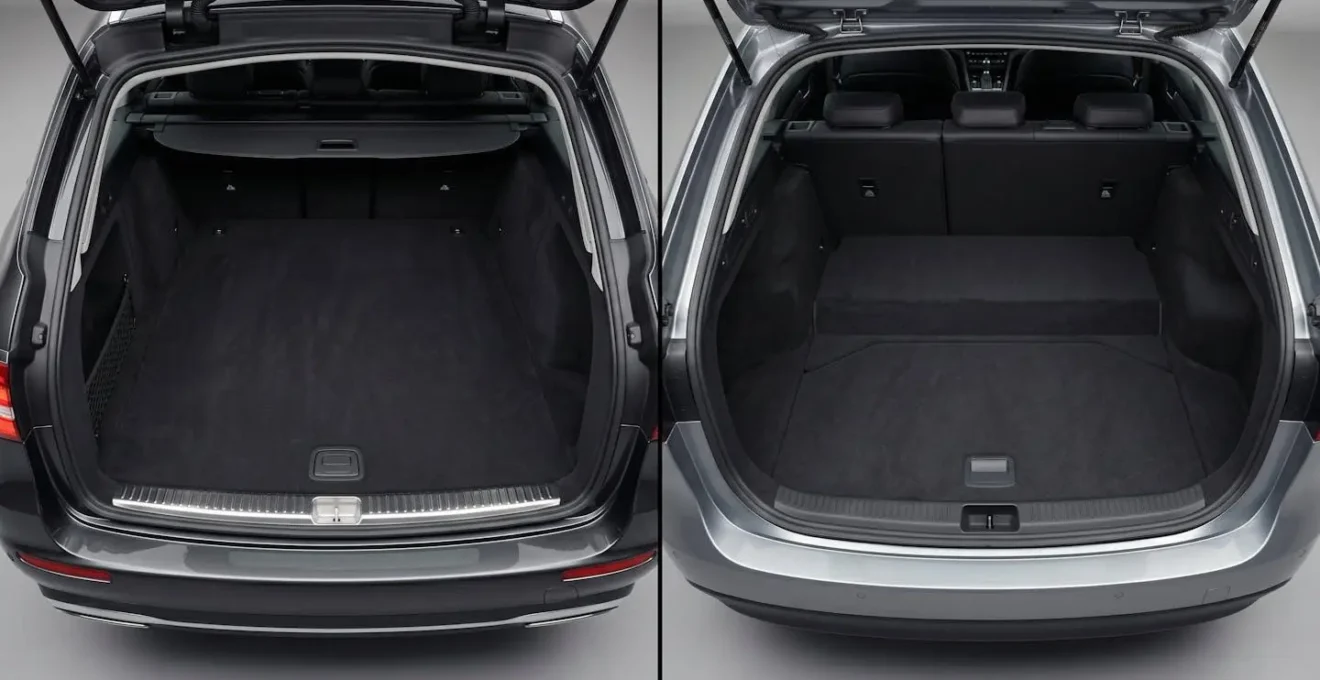 Cross-section view comparing standard versus hybrid executive car boot layouts