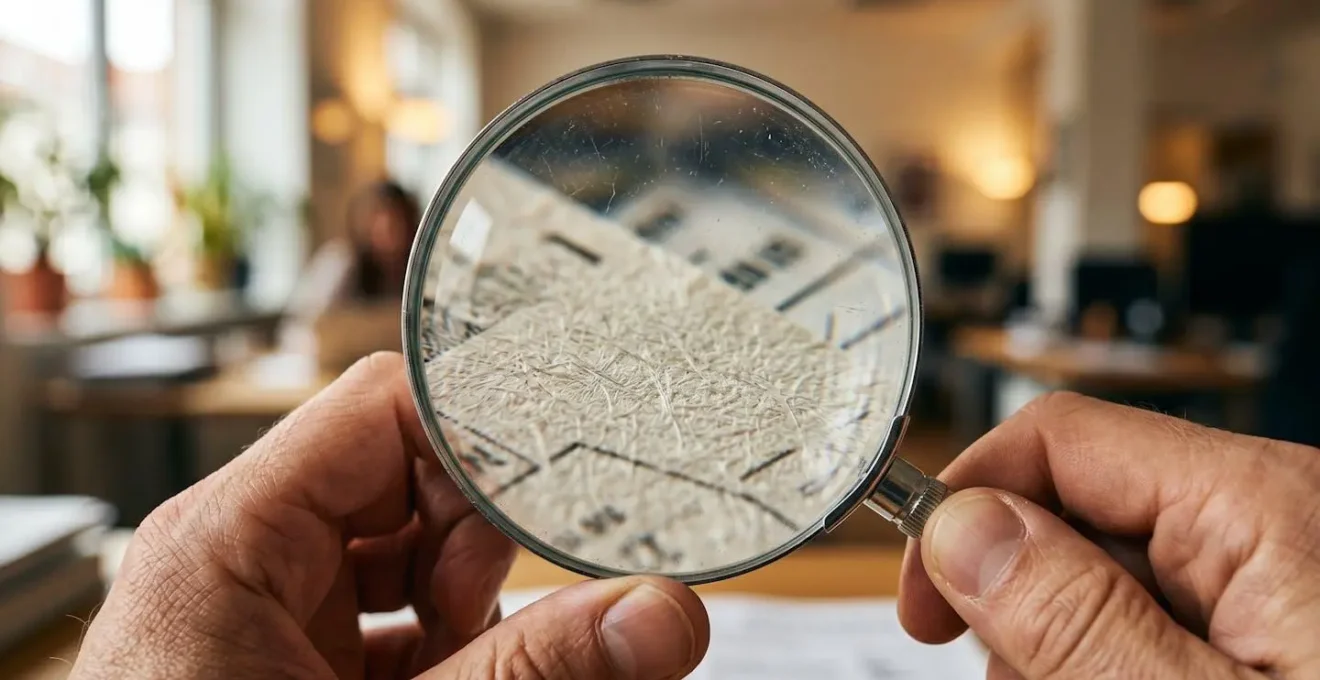 Professional examining transport insurance documents with magnifying glass showing policy details