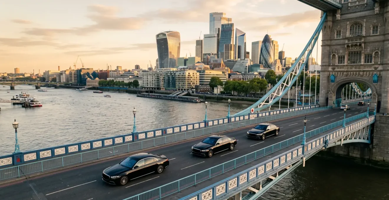 Executive convoy of black Mercedes S-Class vehicles navigating through London's financial district during IPO roadshow