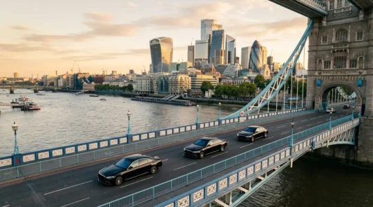 Executive convoy of black Mercedes S-Class vehicles navigating through London's financial district during IPO roadshow
