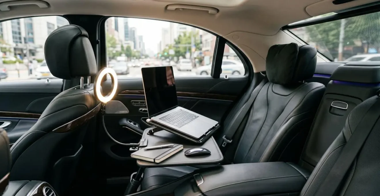 Professional laptop setup for video calls in car backseat