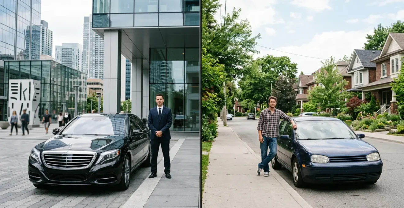 Professional chauffeur in formal attire standing beside luxury vehicle with corporate building backdrop