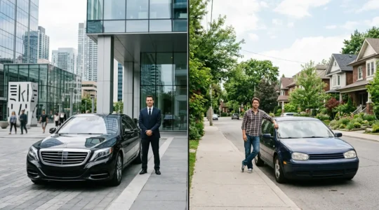 Professional chauffeur in formal attire standing beside luxury vehicle with corporate building backdrop