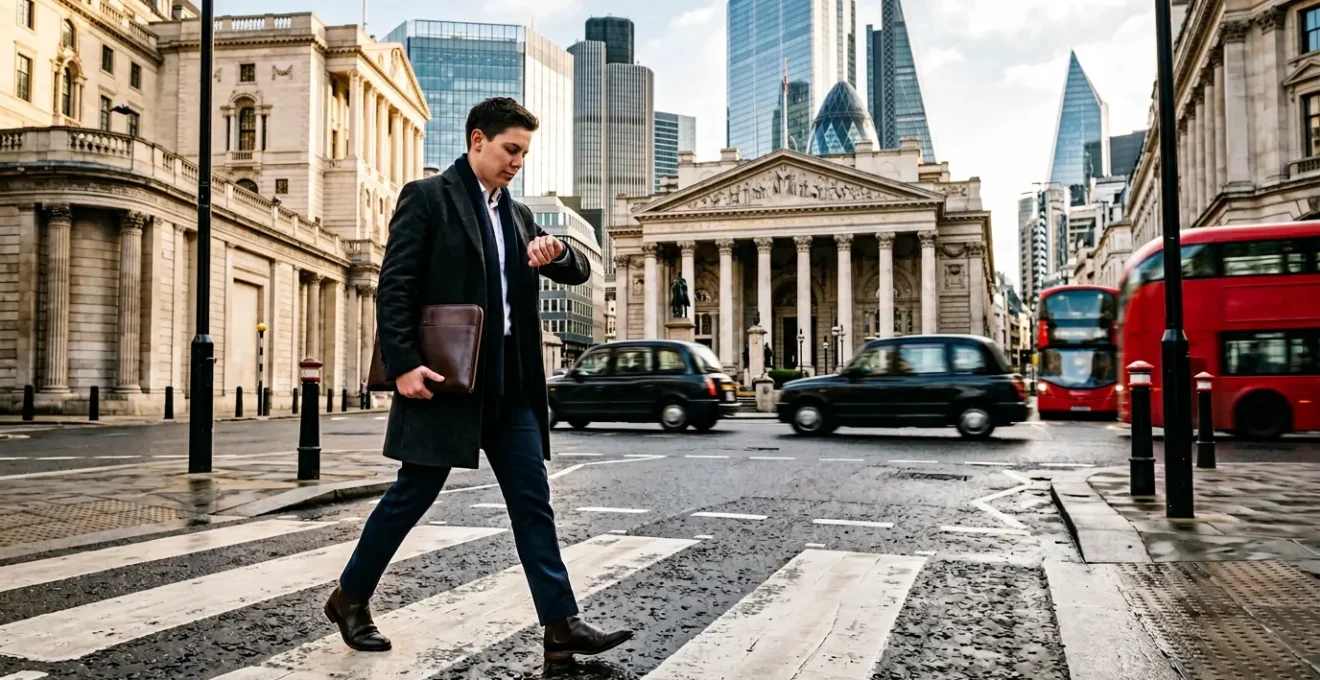 Executive walking through London financial district with clear view of classic architecture and busy street traffic