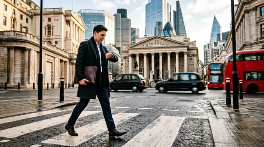Executive walking through London financial district with clear view of classic architecture and busy street traffic