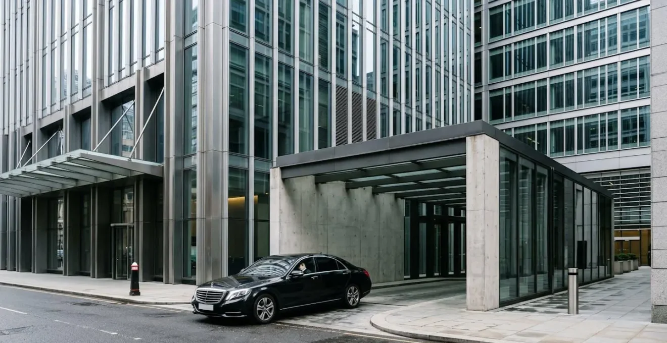 Wide angle view of lesser-known entrance to major London bank building