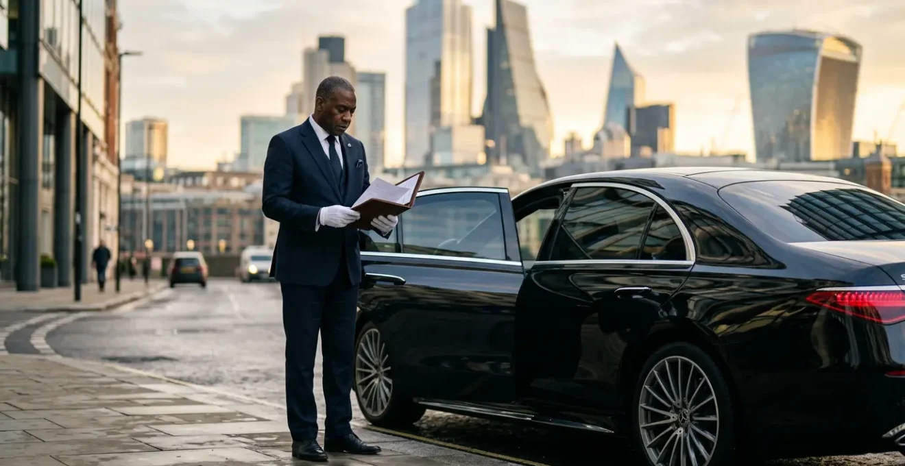 Professional chauffeur in dark suit standing beside black luxury vehicle in London, checking documentation against backdrop of city skyline