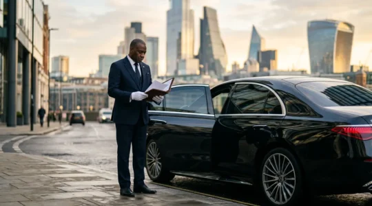 Professional chauffeur in dark suit standing beside black luxury vehicle in London, checking documentation against backdrop of city skyline