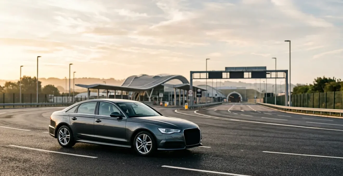 Professional chauffeur service vehicle ready for Channel Tunnel crossing between London and Paris