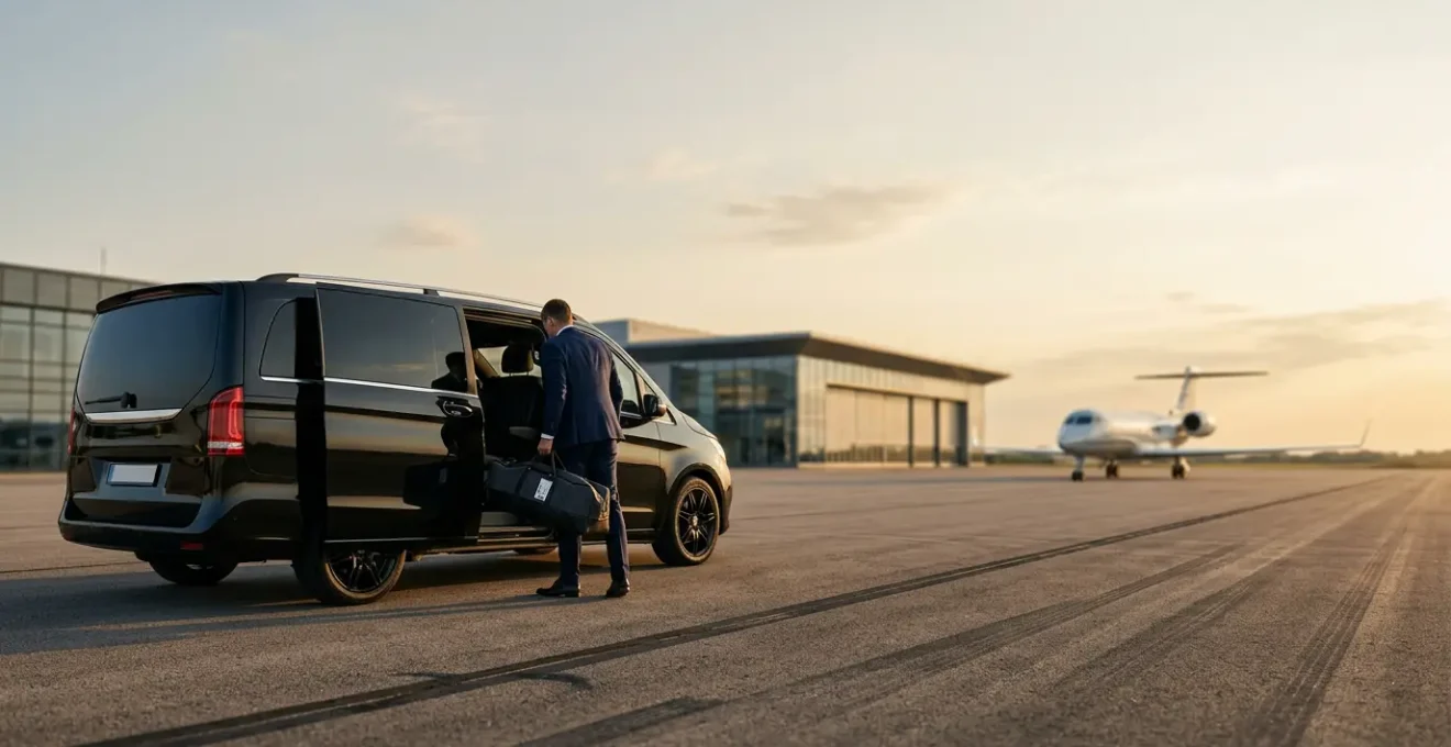Luxury vehicle loading ski equipment at private airfield tarmac