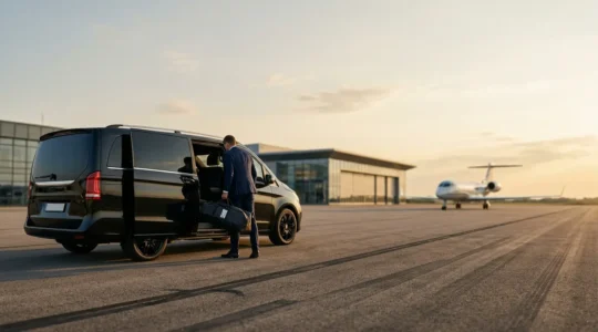 Luxury vehicle loading ski equipment at private airfield tarmac