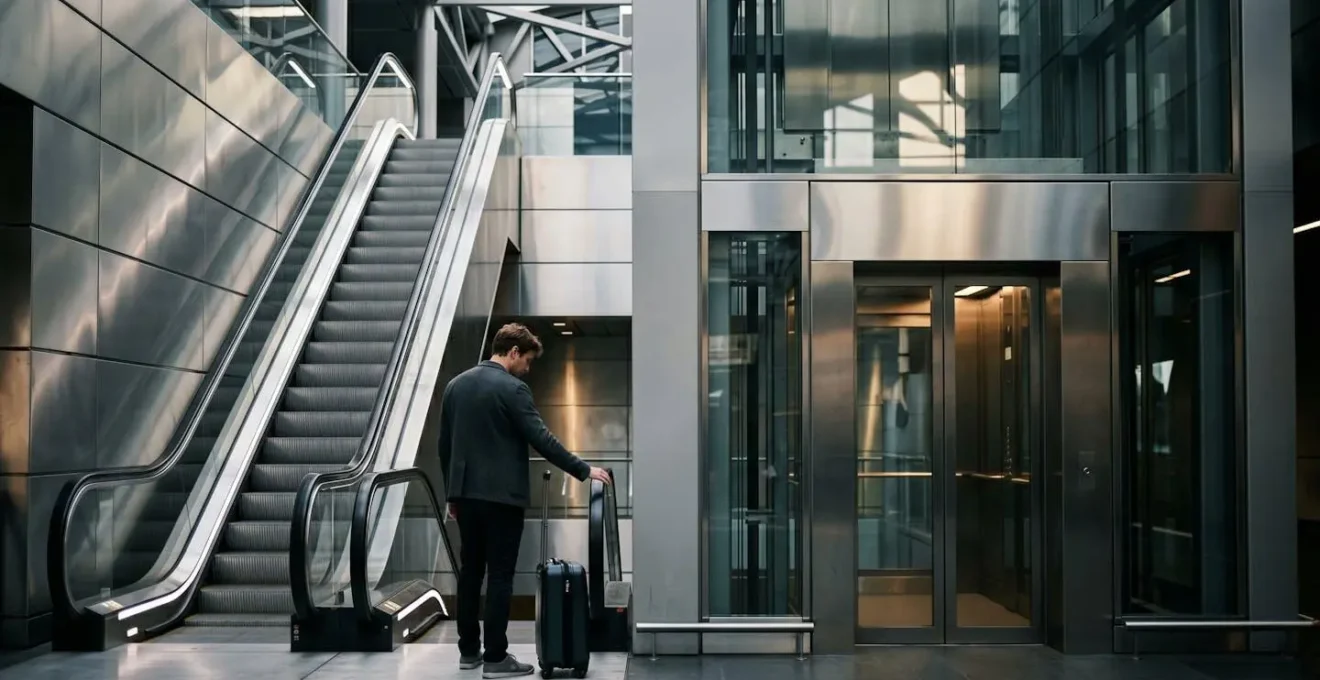 Wide angle view of escalators and lifts with passengers navigating with luggage