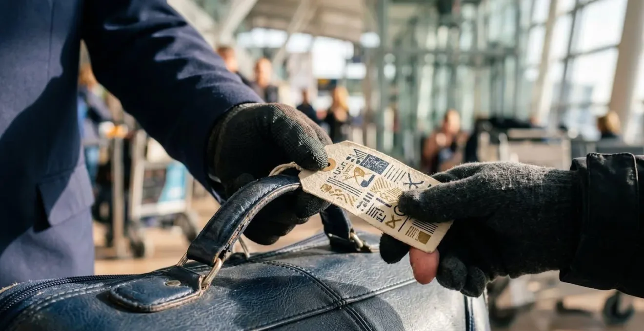 Close-up of porter handling tagged cruise luggage at terminal entrance