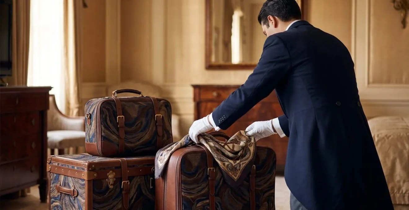 Butler in formal attire handling designer luggage in elegant hotel suite