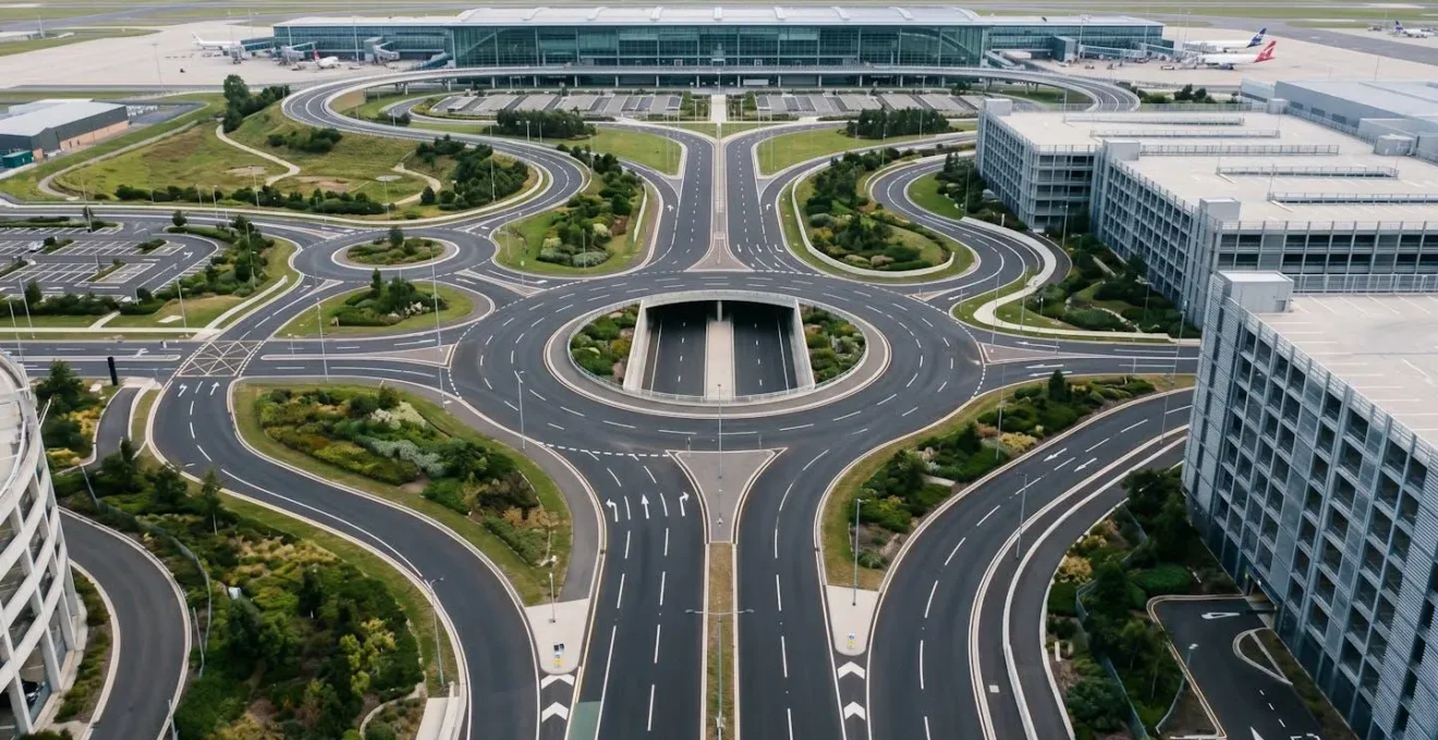 Aerial view of airport approach roads showing multiple roundabouts and car park structures