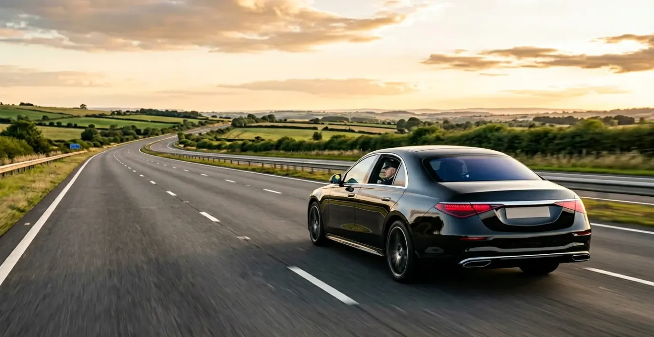Professional chauffeur driving Mercedes S-Class on British motorway during golden hour