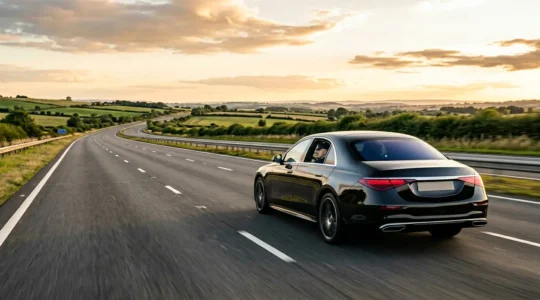 Professional chauffeur driving Mercedes S-Class on British motorway during golden hour