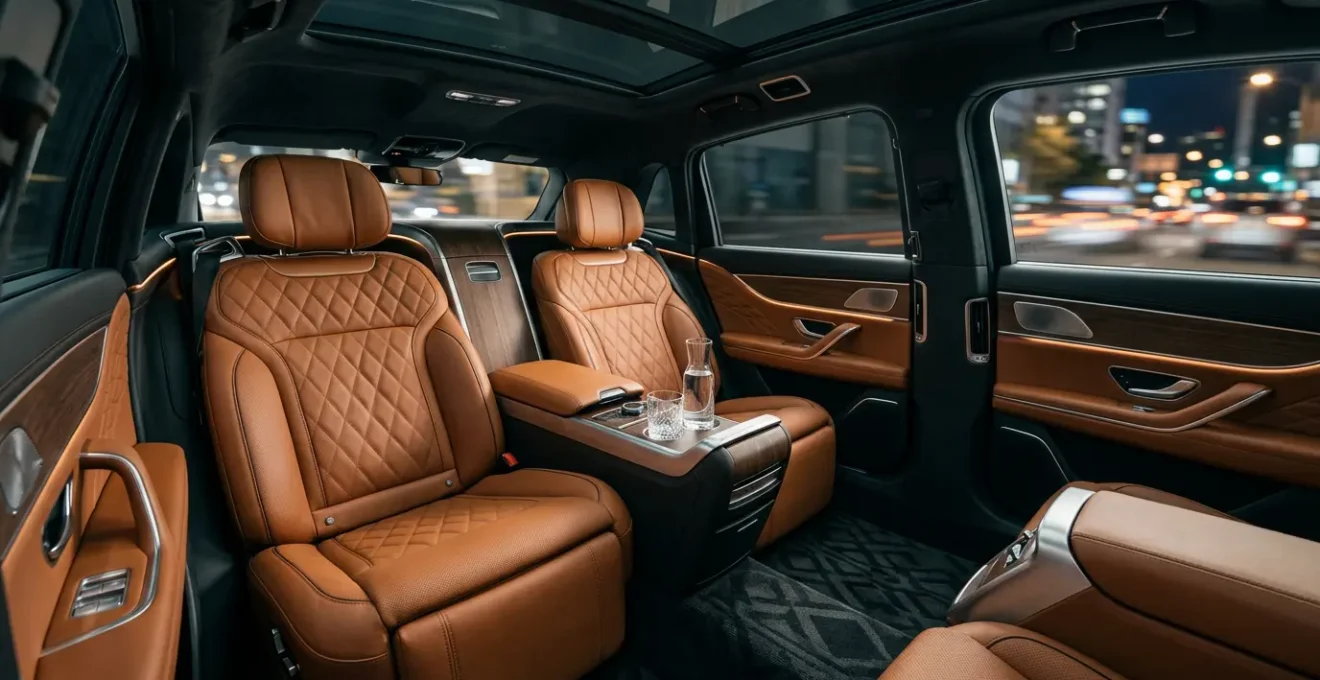 Luxurious car interior with refined leather seats and ambient lighting