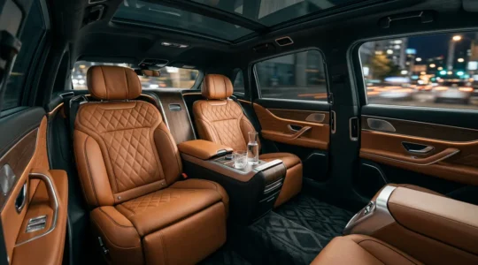 Luxurious car interior with refined leather seats and ambient lighting