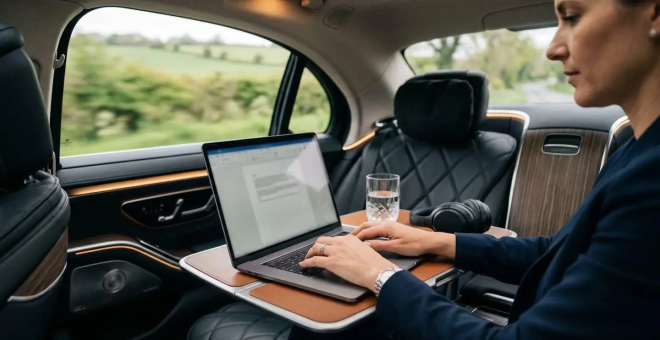 Mercedes S-Class interior showing executive rear seats with work setup