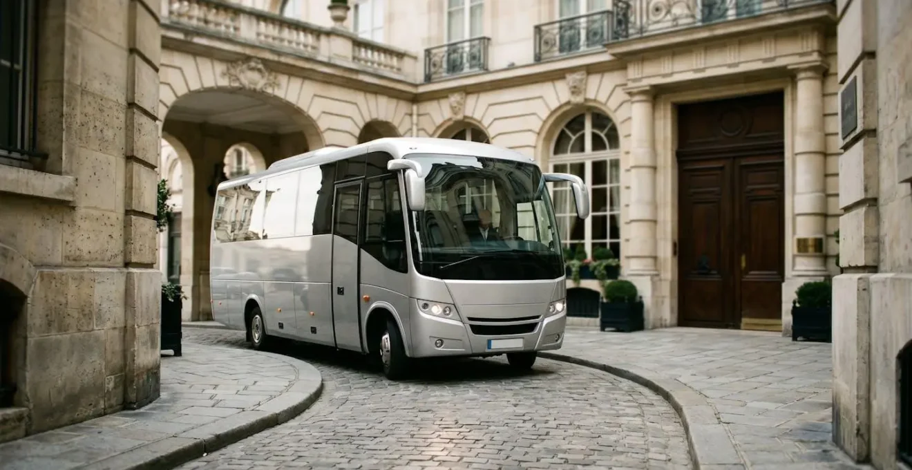 Mercedes Sprinter minicoach at a luxury hotel entrance in an urban setting