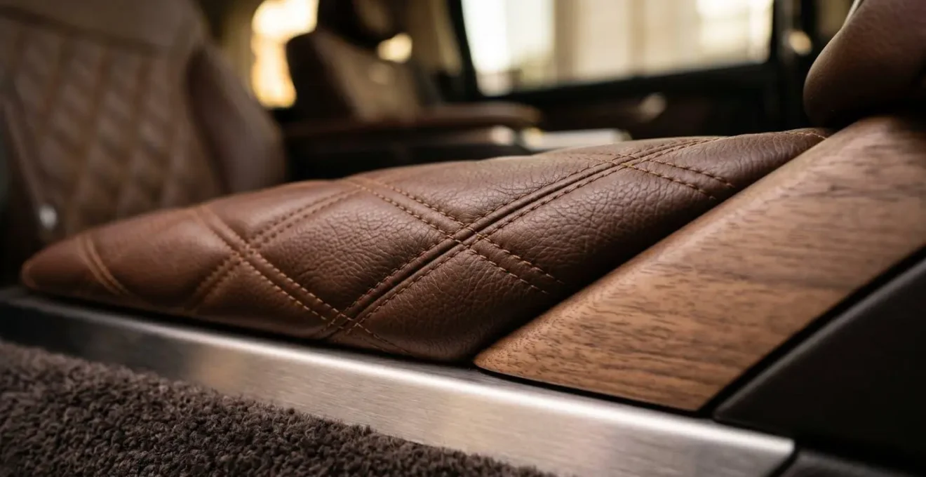 Luxurious MPV interior showing spacious leather seats and premium amenities