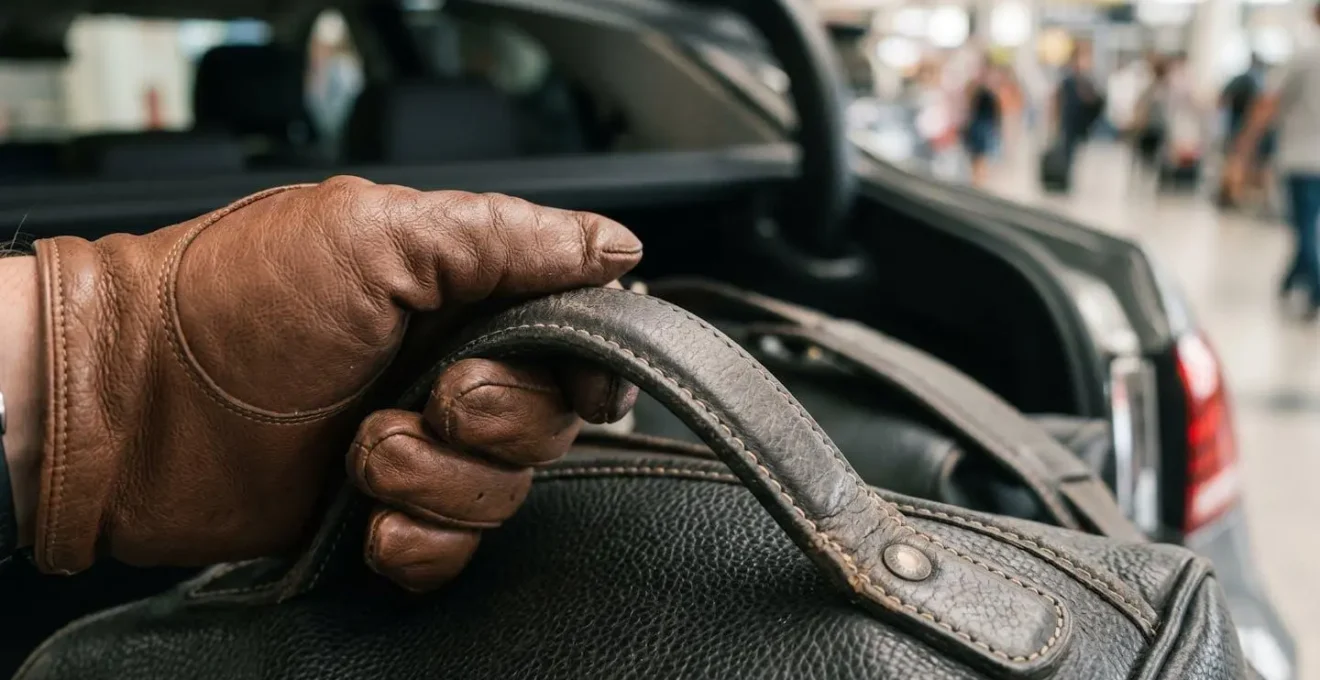 Professional driver loading multiple suitcases into executive car with proper technique