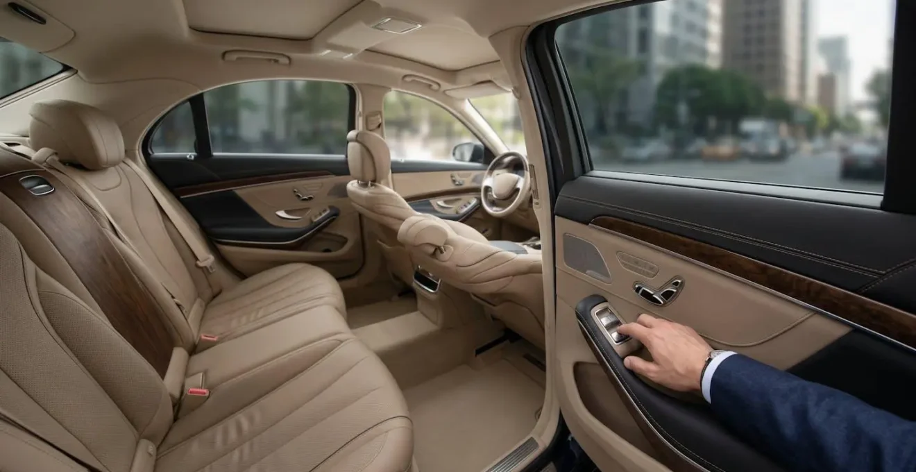 Executive demonstrating LWB sedan's chauffeur package controls and recline features