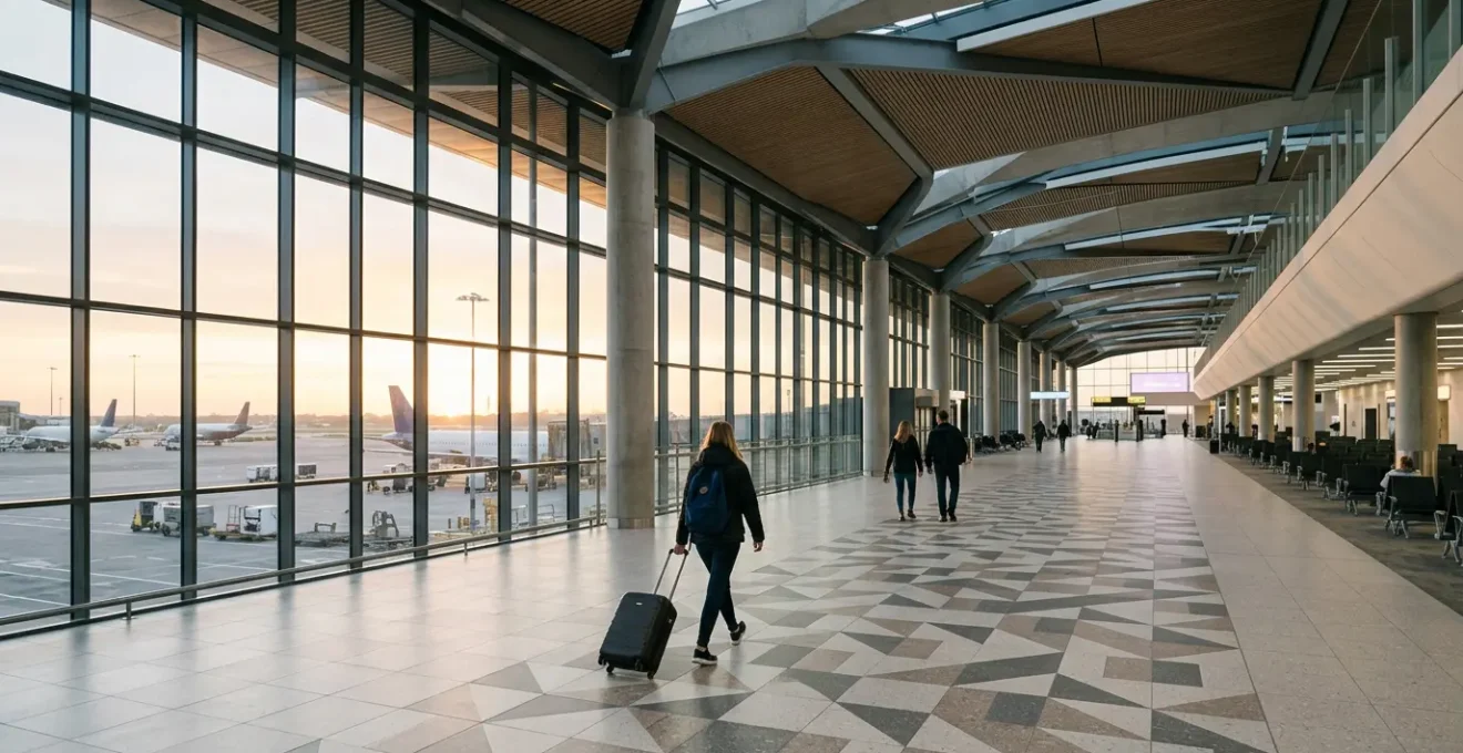 Travelers arriving at Manchester Airport Terminal 2 with strategic timing for long-haul flights