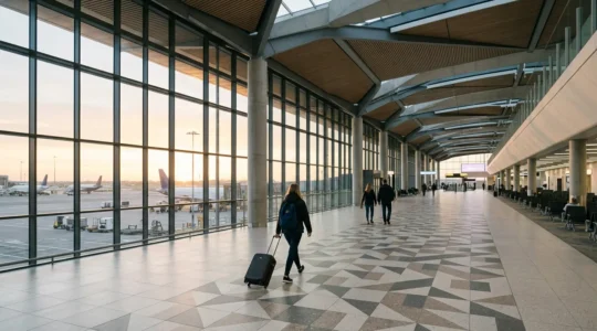 Travelers arriving at Manchester Airport Terminal 2 with strategic timing for long-haul flights