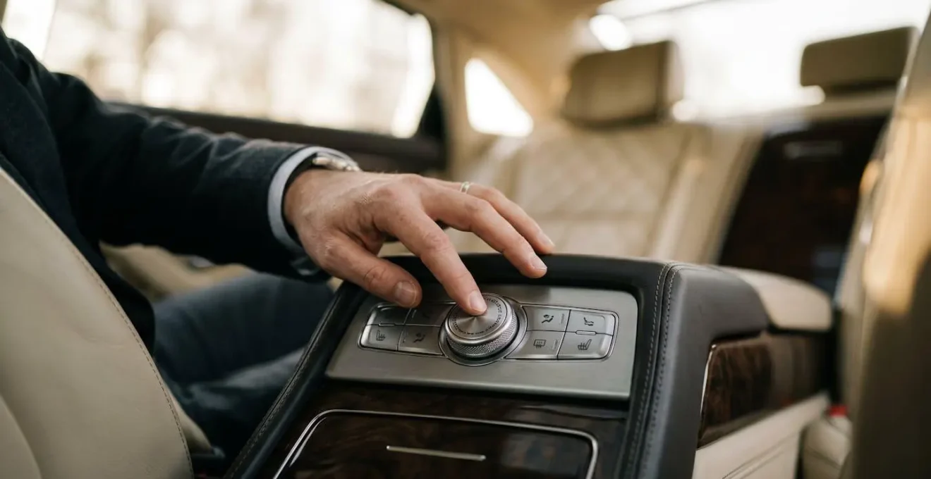 Executive adjusting climate controls in Mercedes rear cabin