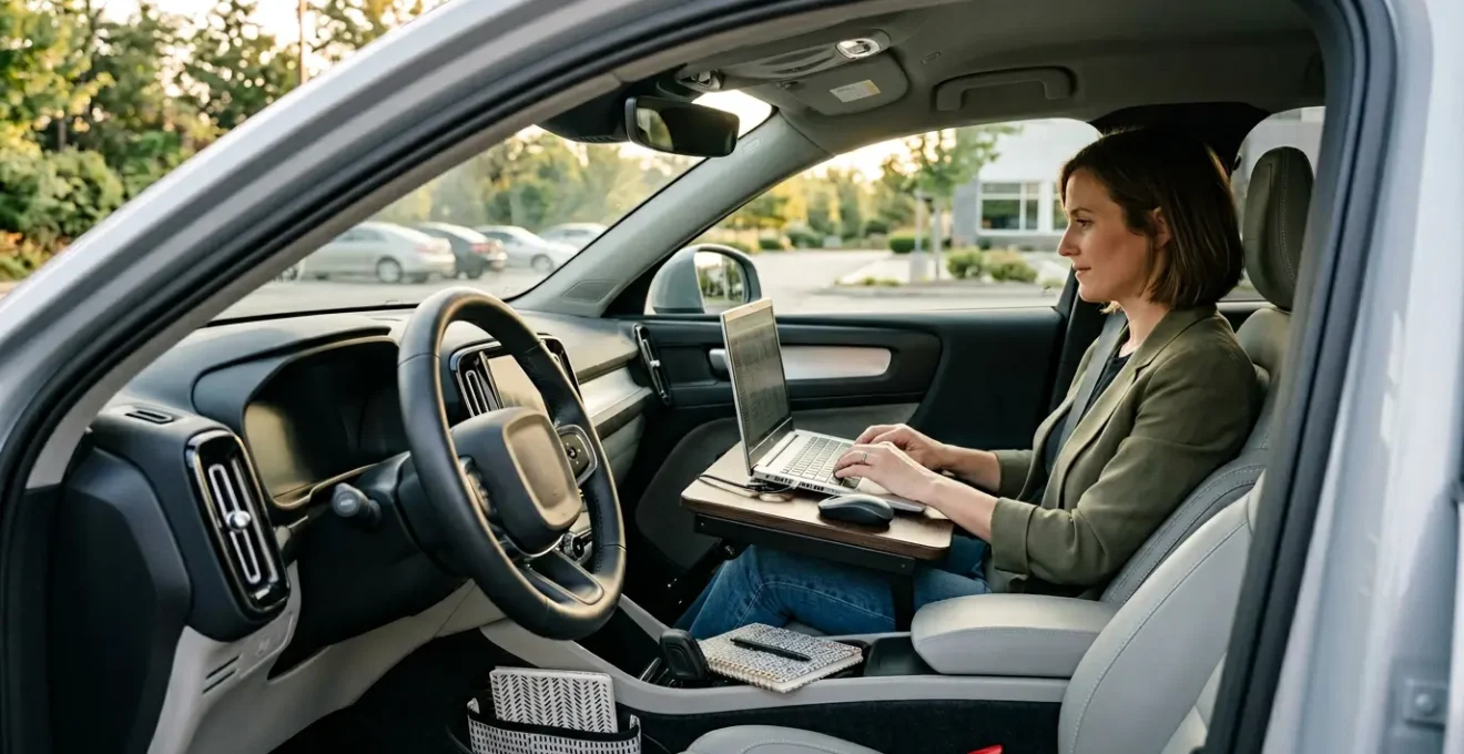 Professional working on laptop in passenger seat of parked car with organized mobile office setup